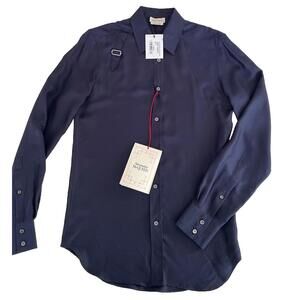 $1490 Alexander McQueen Harness Strap Ton Panel Shirt Navy SIlLK Size Size 15